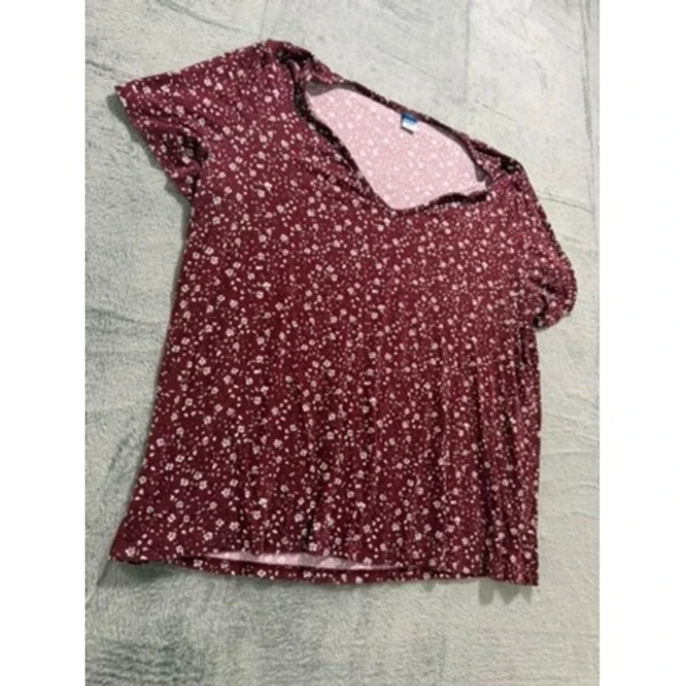 Old Navy Luxe Womens Large Burgundy Floral V-Neck Puff Short Sleeve‎ Top Shirt